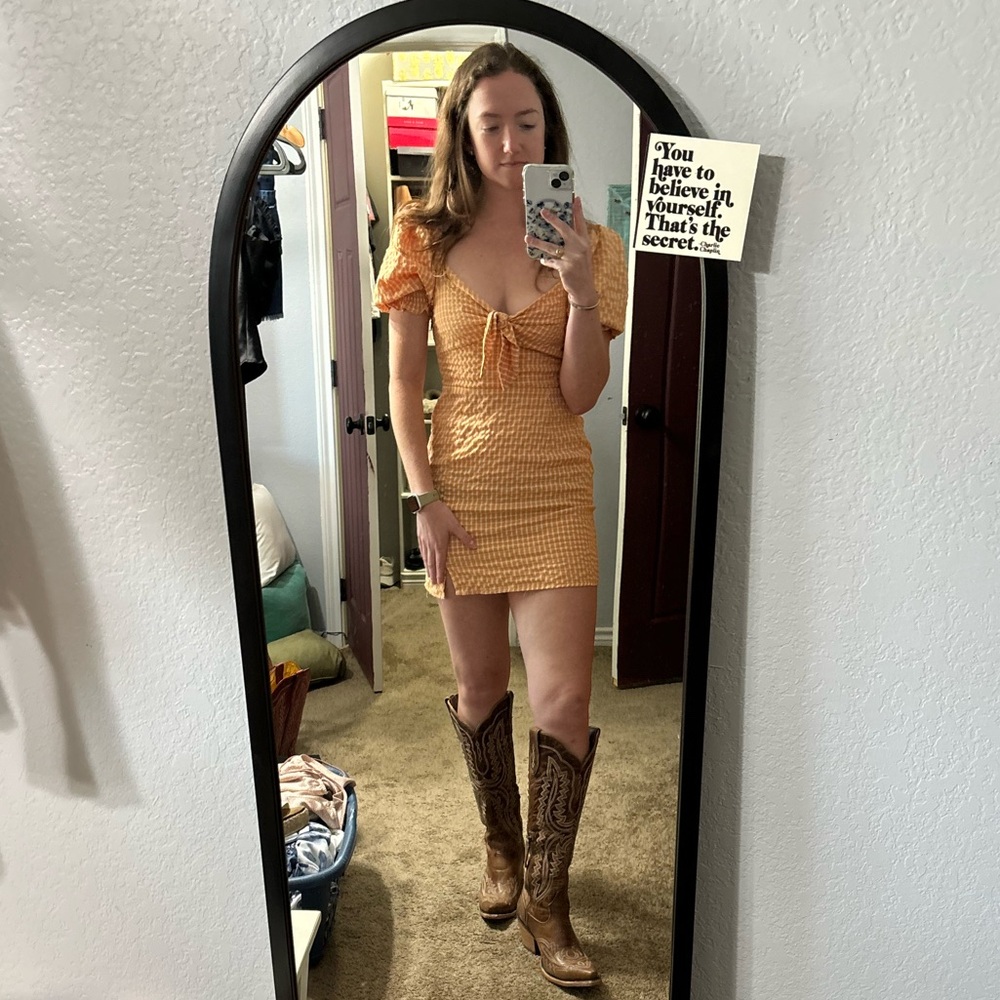 Altar'd State Orange Checkered Midi Dress